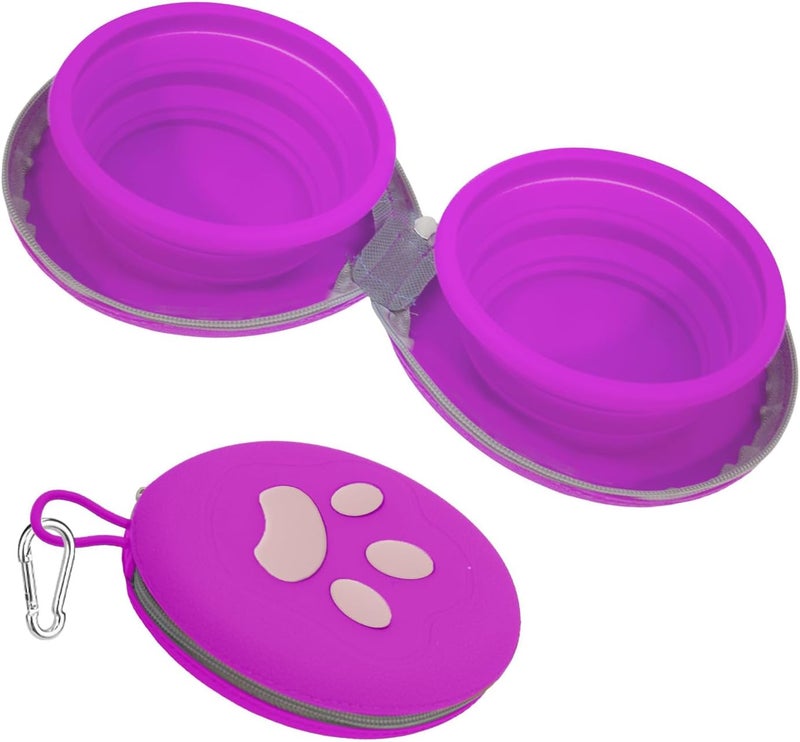 DDSUN Collapsible Dog Bowls, 2-in-1 Silicone Pet Food and Water Bowl with Carabiner, Portable Double Compartment Dish for Travel, Camping, Hiking Puppy Essentials (Purple) - Image 1
